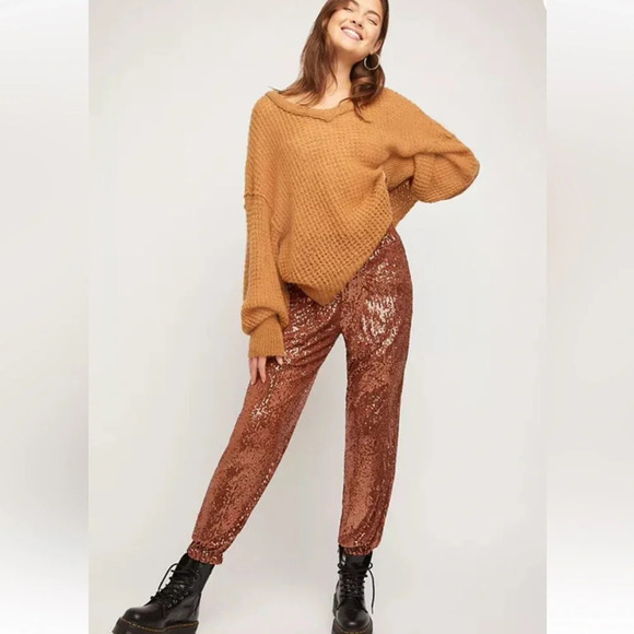 Free People Morelia Sequin Jogger Pants in Bronze size small - Picture 2 of 16